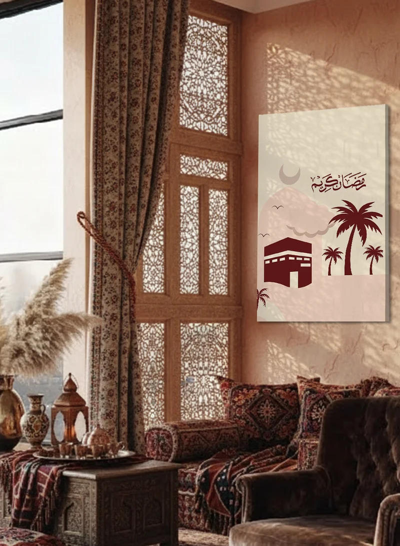 لوحة لوحة كانفاس على إطار خشبي بتصميم رمضان كريم مع هلال رمضان والكعبة المشرفة
